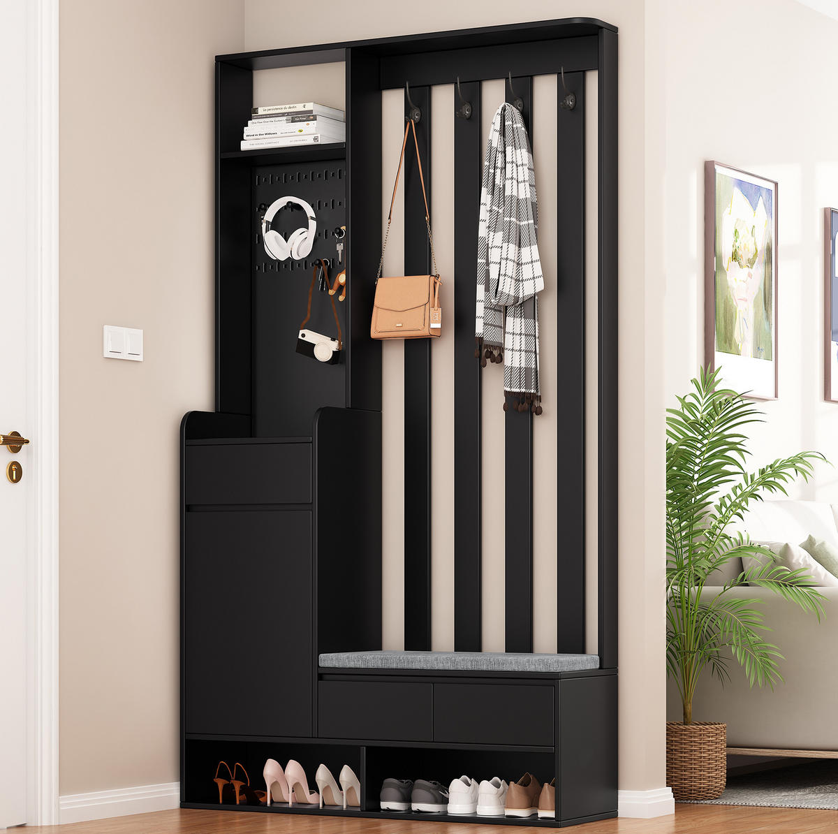 GARDEROBE 100/180/35 cm Schwarz aus MDF mit Sitzbank und Stecktafel - Schwarz, Holzwerkstoff (35/180/100cm) - OKMYHOME