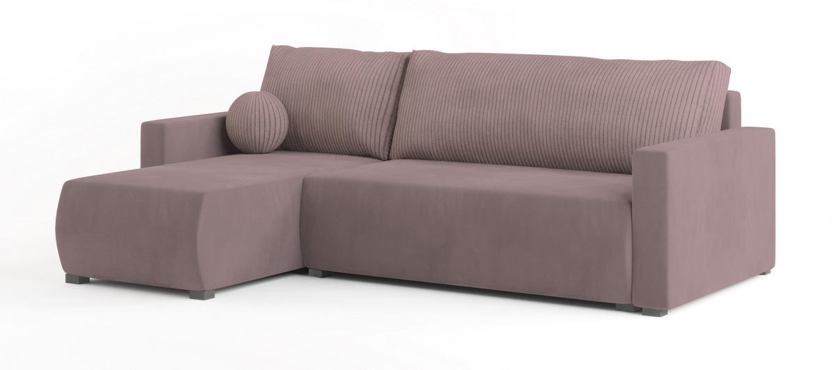 ECKSOFA SORGE Rosa Plüsch-Stoff mit Schlaffunktion - Rosa, Holz (220/143cm) - MASSENO