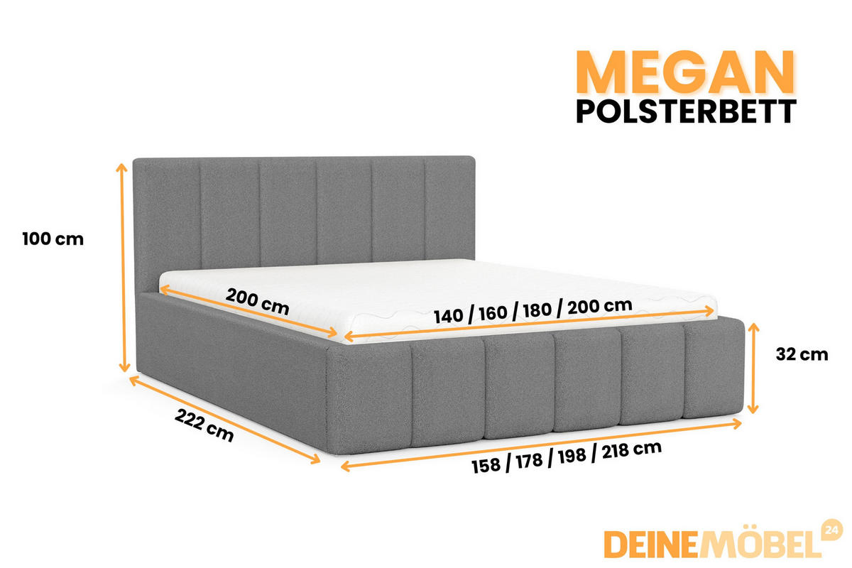 POLSTERBETT MEGAN 180/200 in Boucle Grau - Grau, Holz/Holzwerkstoff (180/200cm) - Deine Möbel 24
