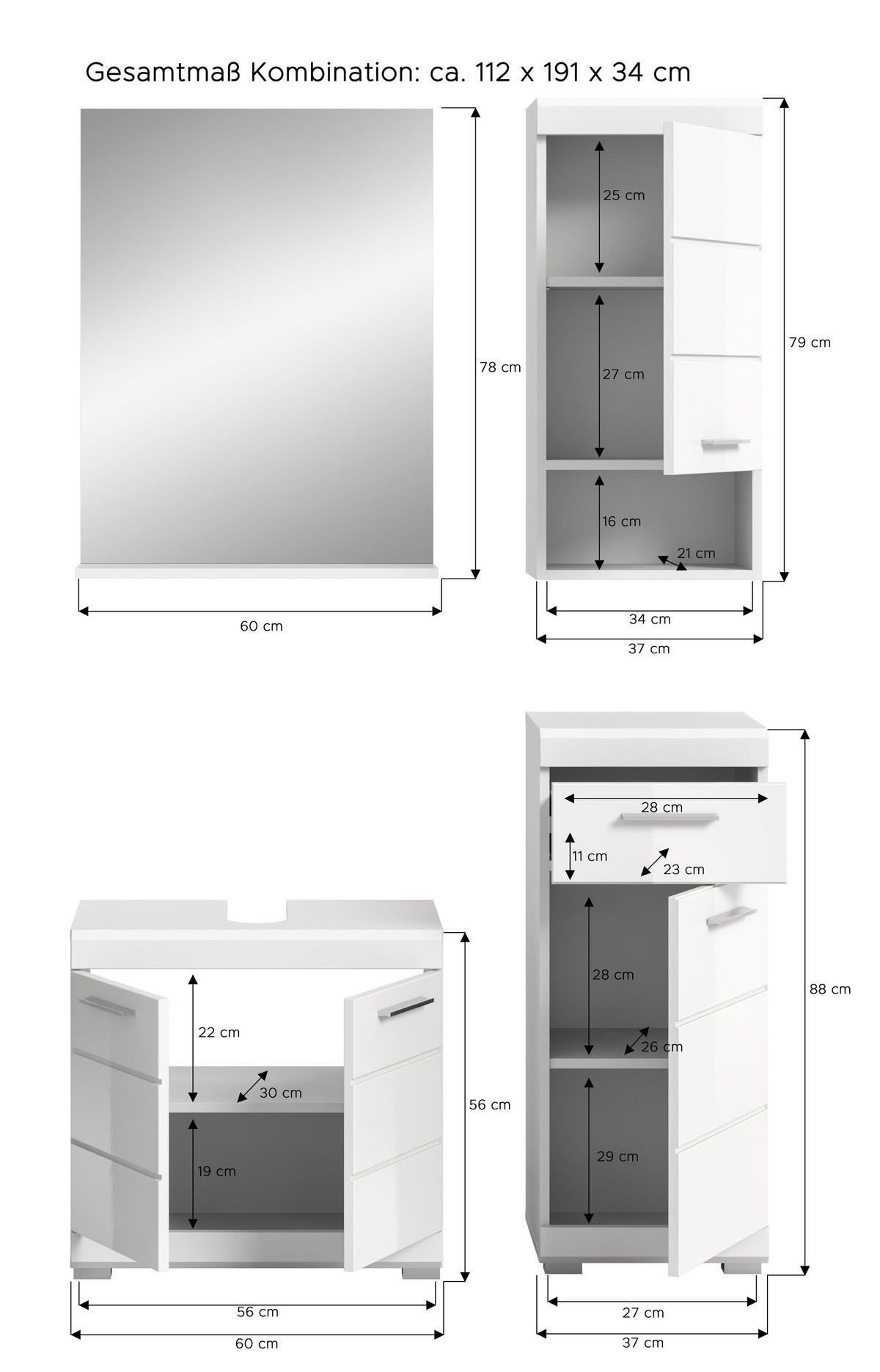 BADKOMBINATION 4tlg. Scout Bad in weiß Nachbildung und weiß hochglanz B/H/T: 112x191x34 cm - Weiß, Holz (112/191/34cm)