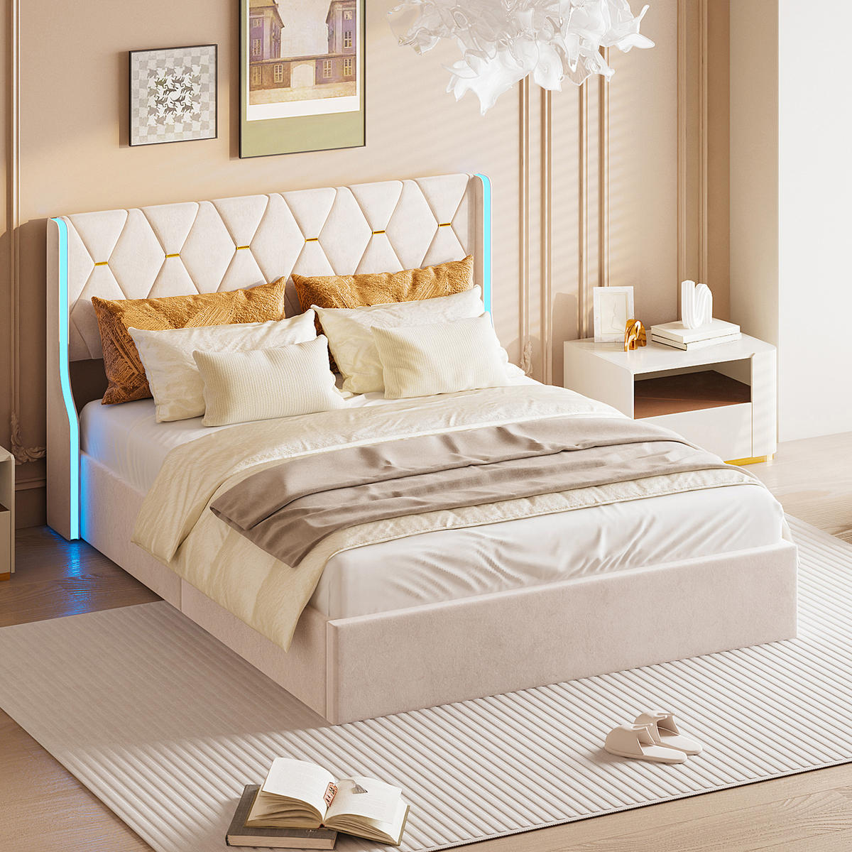 POLSTERBETT 140x200 cm mit LED, Doppelbett 140x200 cm mit Bettkasten, Lattenrost, Bett 140x200, Beige samt - Beige, Holzwerkstoff/Textil (140/200cm) - GENKI LIVING