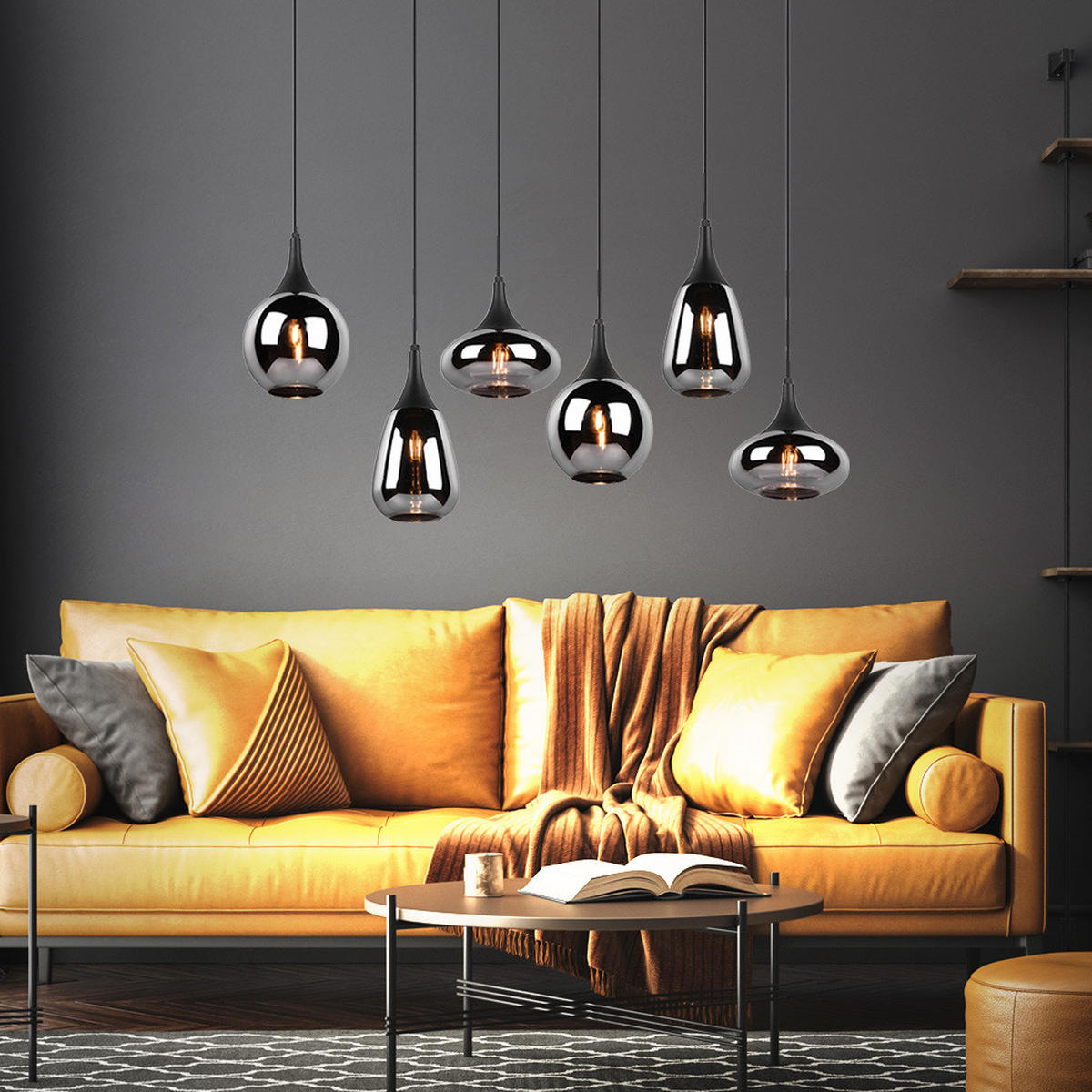 HÄNGELEUCHTE Metall Schwarz Glas Chrom 6-flammig - Schwarz, Glas (93/34/150cm)