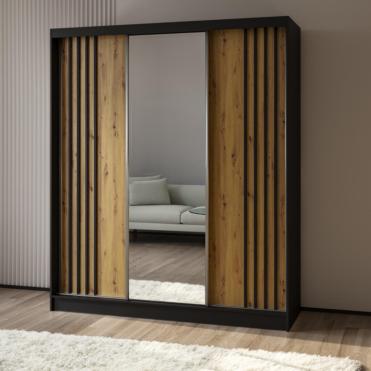 SCHWEBETÜRENSCHRANK NELVIA 180/216/61 cm 3-türig mit Spiegel Schwarz - Schwarz/Eiche Artisan, Holzwerkstoff (180/216/61cm) - MASSENO