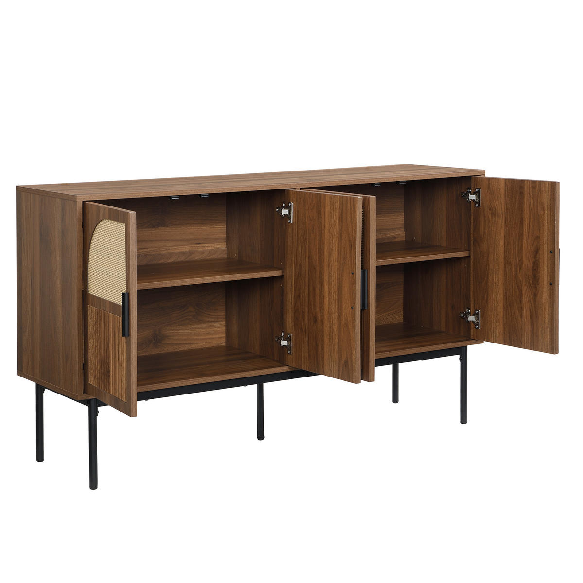 SIDEBOARD Anrichte Schrank mit 4 Türen und großem Stauraum mit Rattan Design Walnuss 140/40/80 cm - Schwarz/Naturfarben, Holzwerkstoff/Metall (140/80/40cm) - EVRYAE