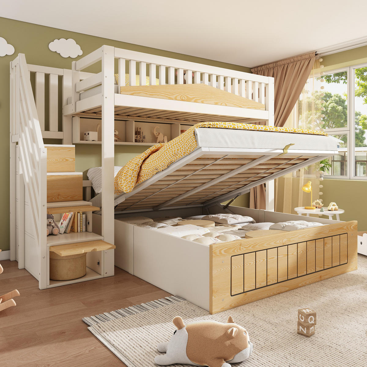 ETAGENBETT 90/200 & 140/200 cm mit Stauraum und Treppenschrank in Weiß/Natur - Weiß, Holzwerkstoff (90/200cm) - BEAOK