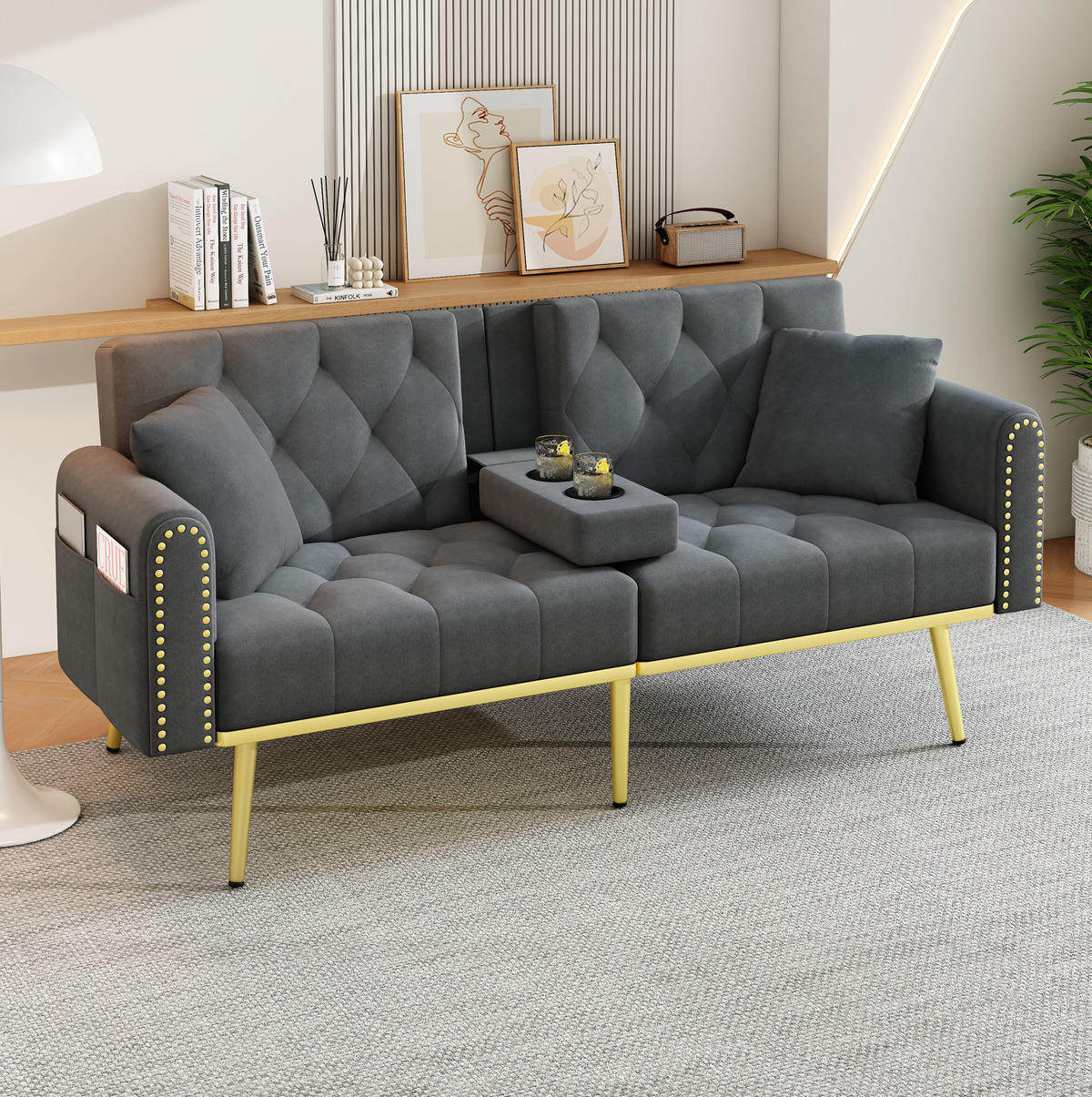 SCHLAFSOFA Samt mit verstellbarer Rückenlehne und Getränkehalter Grau 175/80/73,5 cm - Grau, Textil (73.5/175/80cm) - Redom