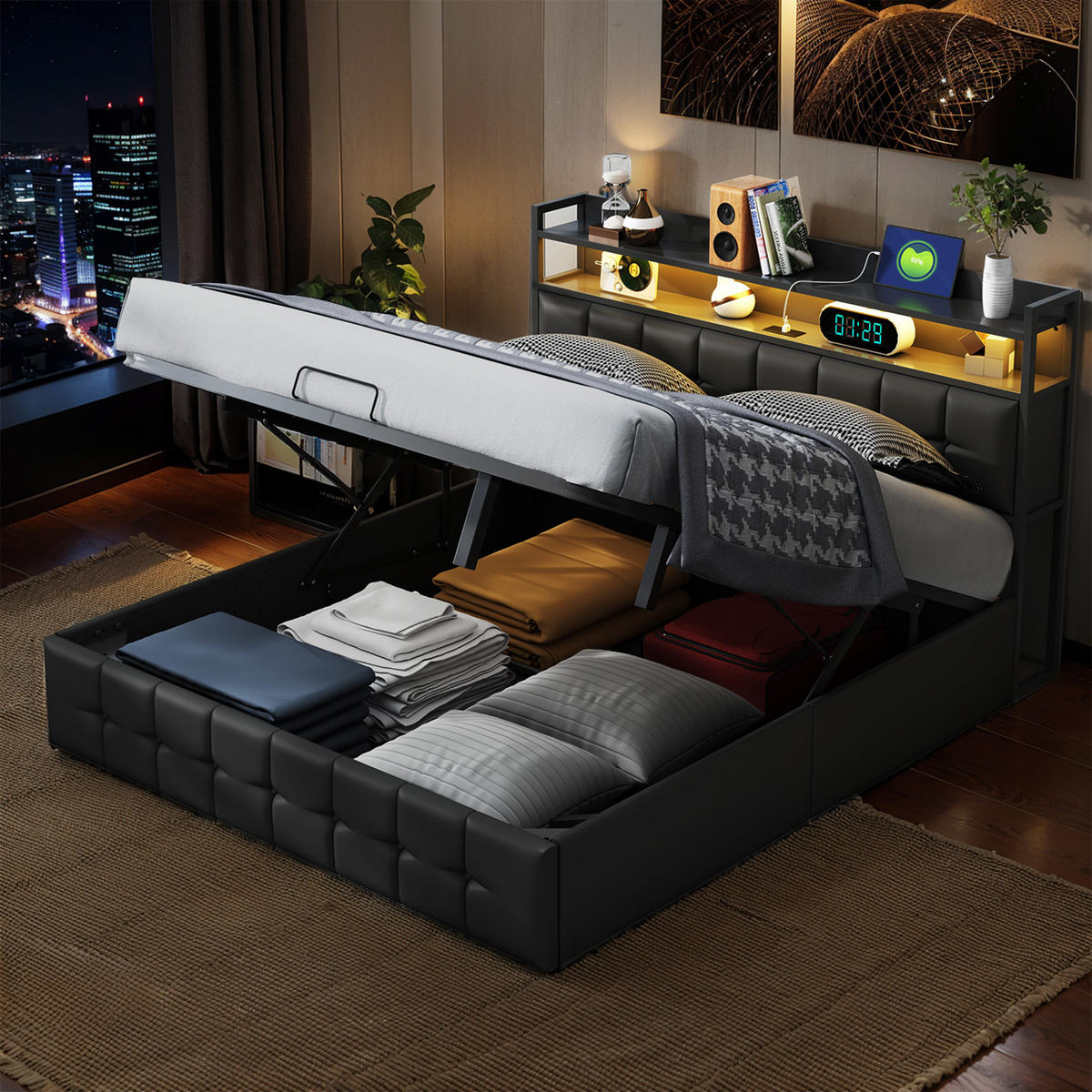 POLSTERBETT 140x200 cm mit LED-Beleuchtung und USB-Ladefunktion Schwarz Kunstleder - Schwarz, Holz/Metall (140/200cm) - PARAFTA HOME