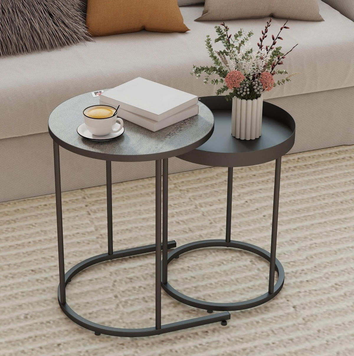 COUCHTISCH-SET 2-teilig 42/36,5 cm mit Ablagekante in Grau/Schwarz - Grau, Metall (42/42/54cm) - BEAOK