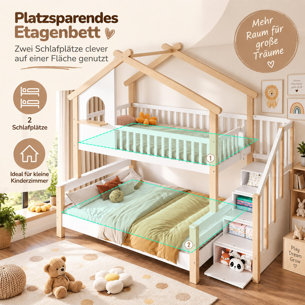ETAGENBETT 90x190/120x190 mit Treppe/Stauraum, Rausfallschutz, Holz - Weiß, Holz (90/190cm) - LVHOM