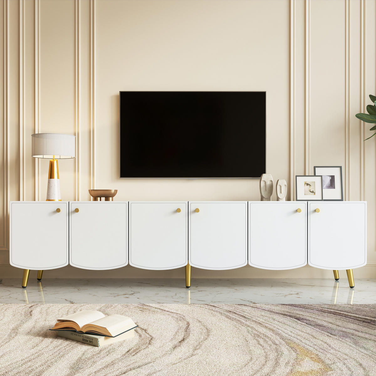 TV-SCHRANK 180/40/45 cm Weiß mit 6 Türen, Goldenen Beinen und Griffen - Goldfarben/Weiß, Holz/Holzwerkstoff (180/45/40cm) - Oxeza