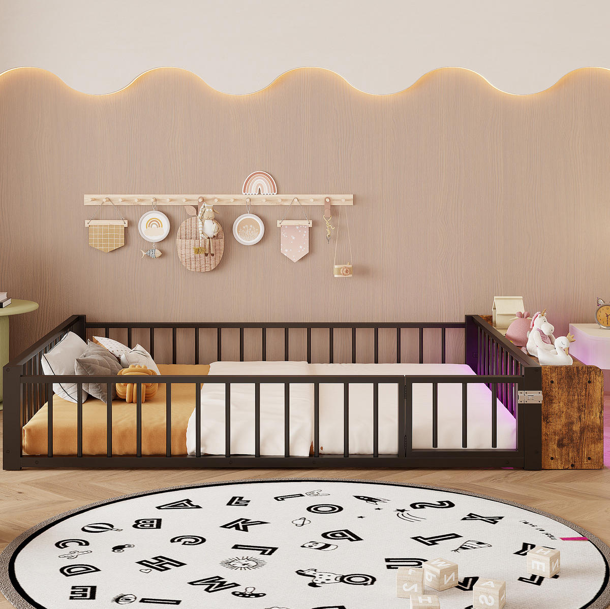 KINDERBETT aus Metall und MDF 140x200 cm Schwarz mit Schutzgeländer, offenem Staufach und LED-Beleuchtung - Schwarz, Holzwerkstoff (140/200cm) - Modfu