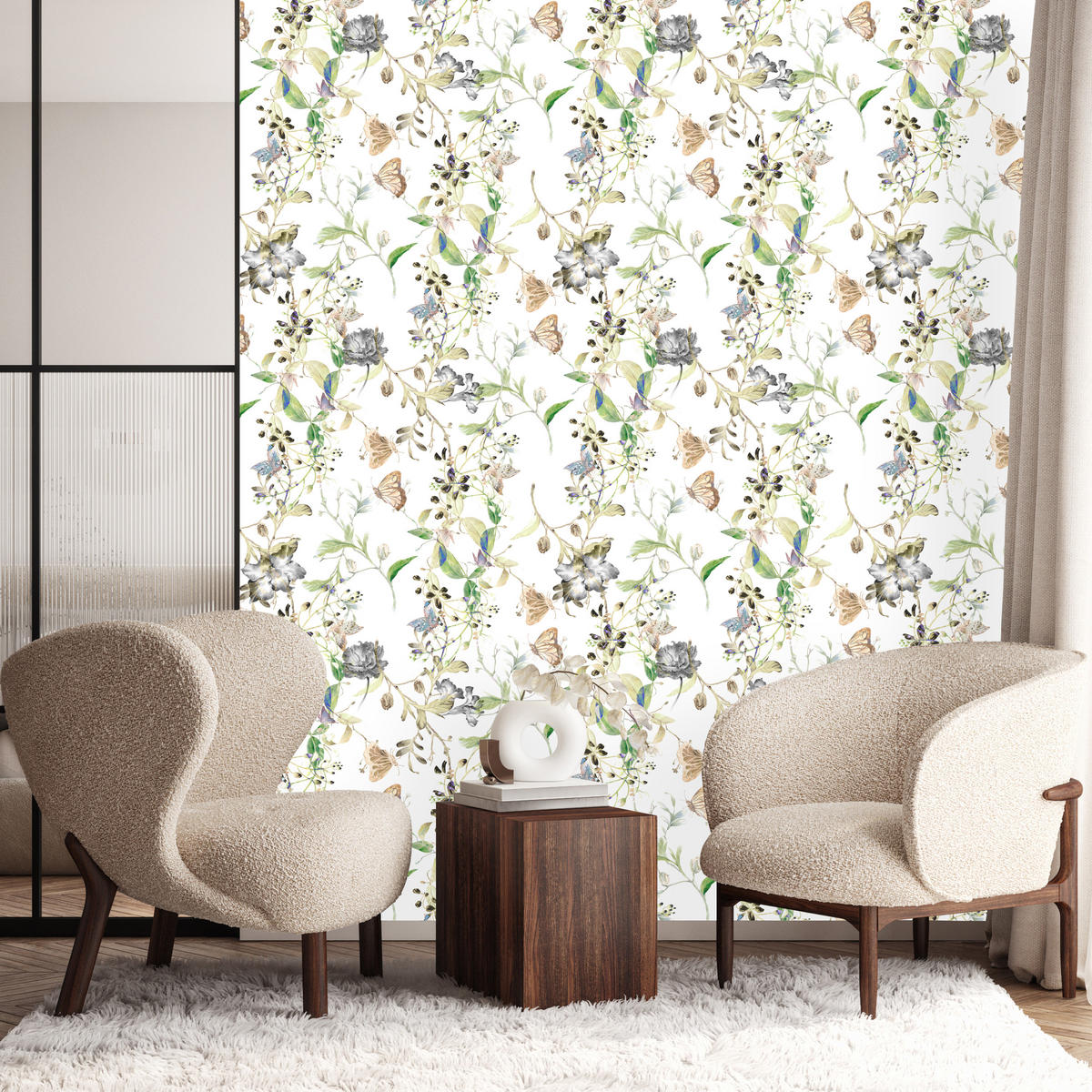 VLIESTAPETE Wiesenblumen im Retro-Stil – Grün, Beige, Weiß – 50x1000 cm - Beige/Weiß, Papier (50/1000cm) - Muralo