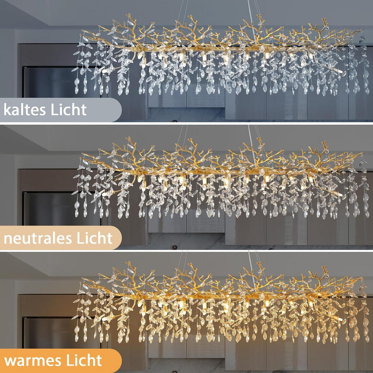 KRONLEUCHTER Rechteck 180 cm K9‑Kristall Baumzweig Gold für Esszimmer und Kücheninsel - Gelb, Naturmaterialien (130/38.5/32cm) - Surtime