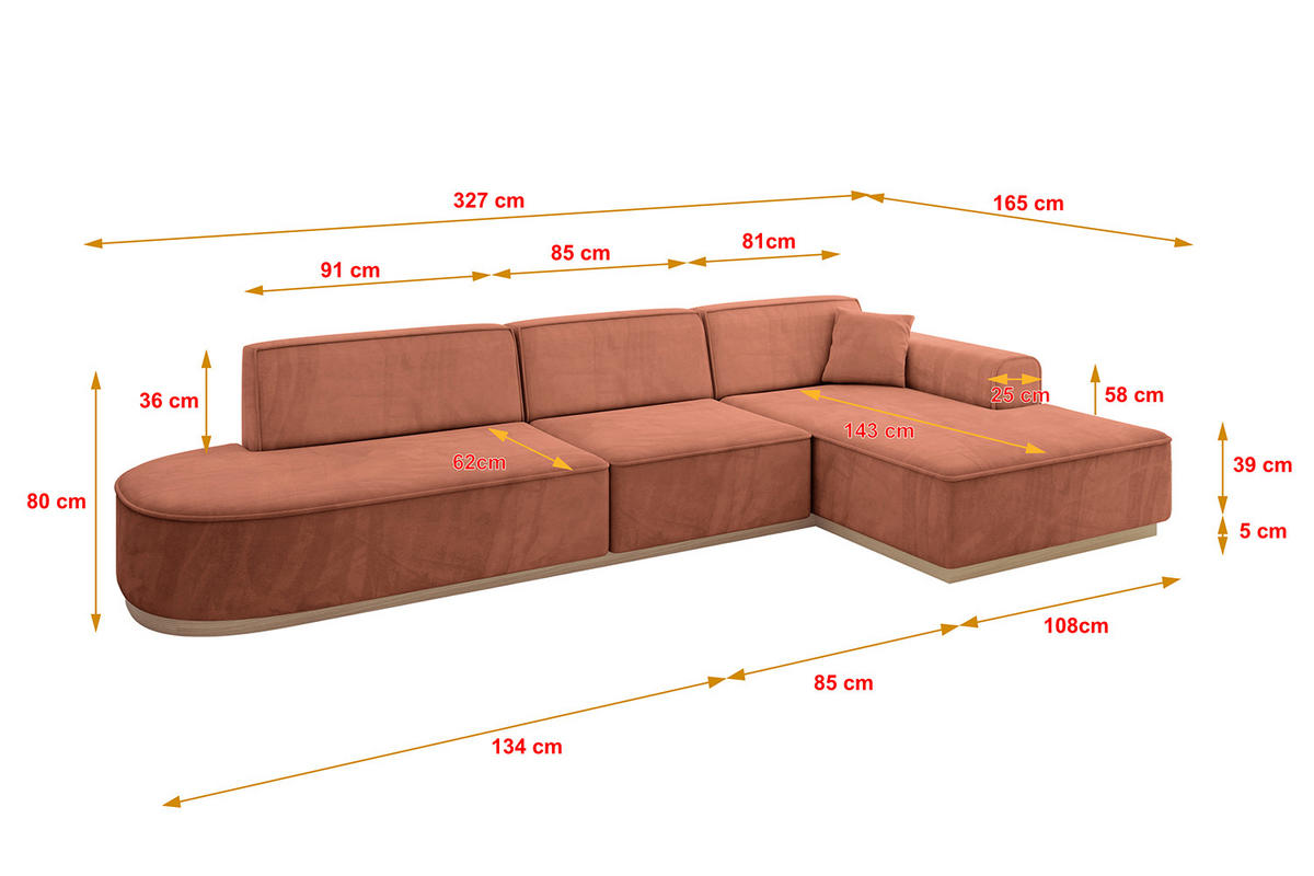 ECKSOFA Ottomane Rechts IREA-L2 - 327x165x80 cm Apricot - Koralle, Holzwerkstoff/Textil (327/165cm) - ALTDECOR