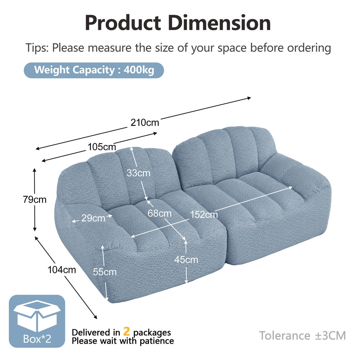 2-SITZER SOFA Granulierter Fleece Blau mit Armlehnen - Blau, Textil (210/79/104cm) - WISHDOR