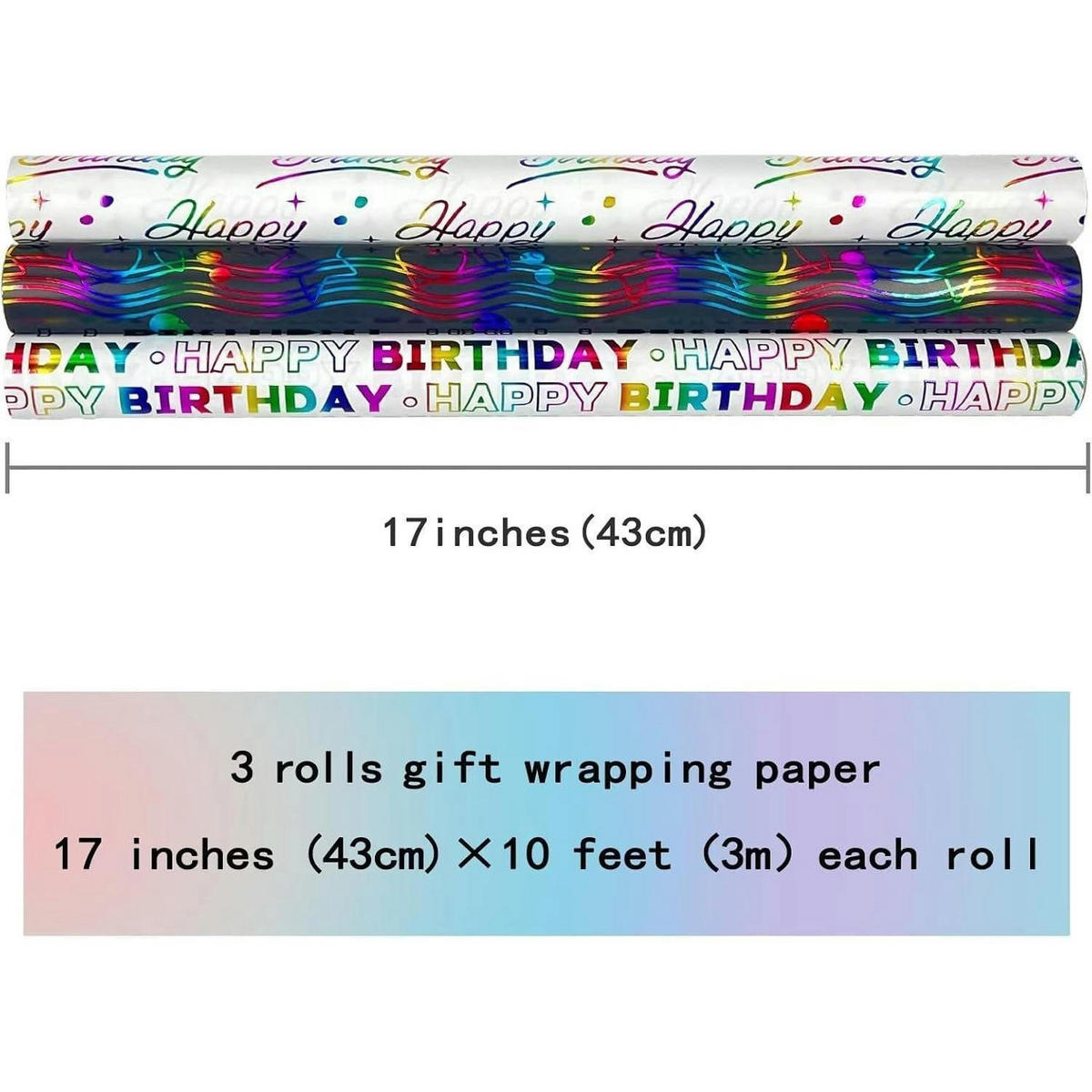 GESCHENKPAPIER 3 Rollen Set für Geburtstag, Weihnachten und Hochzeit, bunt - Multicolor, Papier (43/1/300cm)