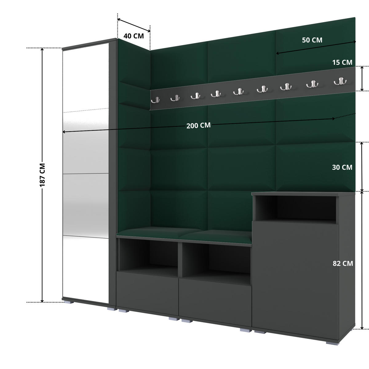 GARDEROBE NELA X 200 cm (Modulare Flurmöbel Graphit mit Spiegel & Sitzpolster Flaschengrün 28 Schrank + Sideboard) - Dunkelgrün/Silberfarben, Holz/Holzwerkstoff (200/187/40cm) - Ravio