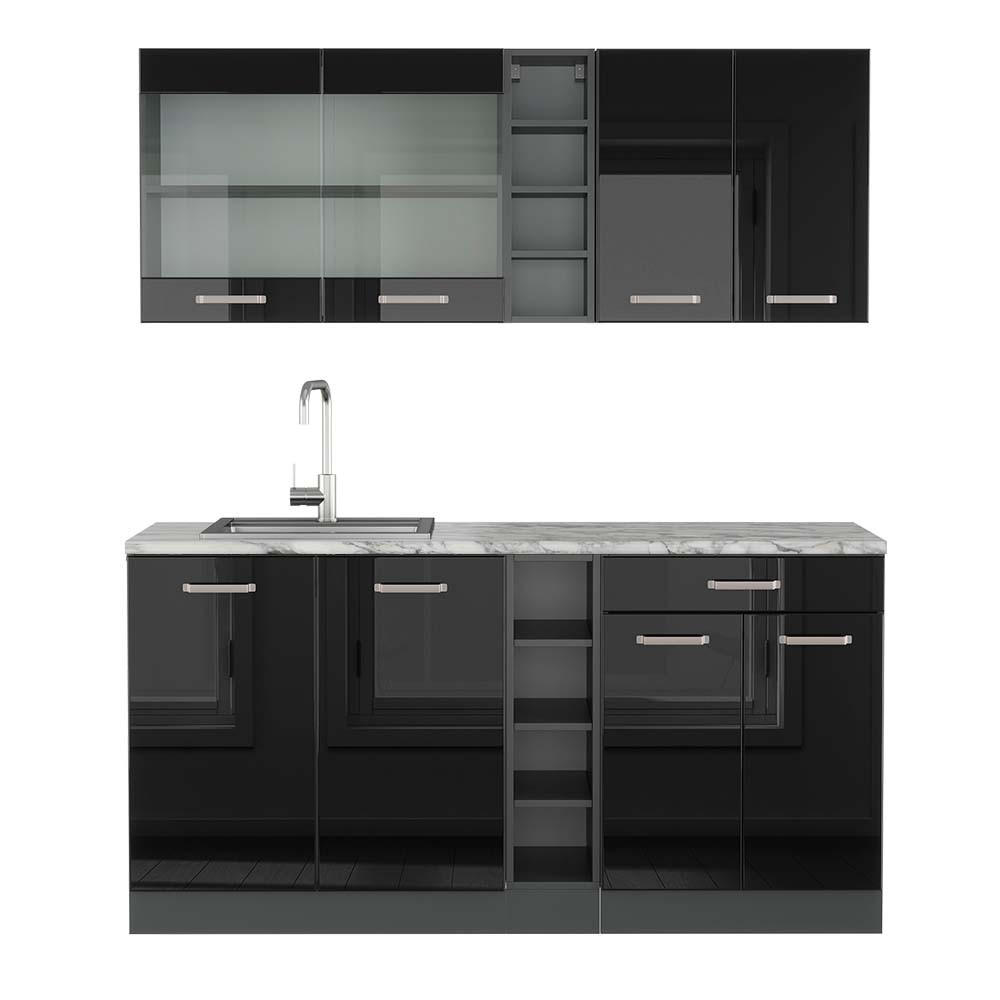 SINGLEKÜCHE R-Line Schwarz Hochglanz/Anthrazit 160 cm, AP Marmor - Schwarz Hochglanz/Anthrazit, Holzwerkstoff (160/81.6/60cm) - Vicco