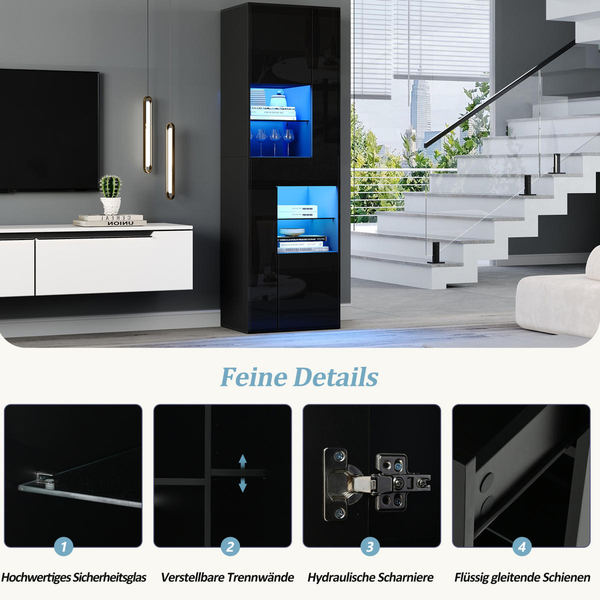 VITRINE 55/38/170 cm aus Spanplatte mit LED-Beleuchtung und Hochglanzfront Schwarz - Schwarz, Holzwerkstoff (55/170/38cm) - Modenvie