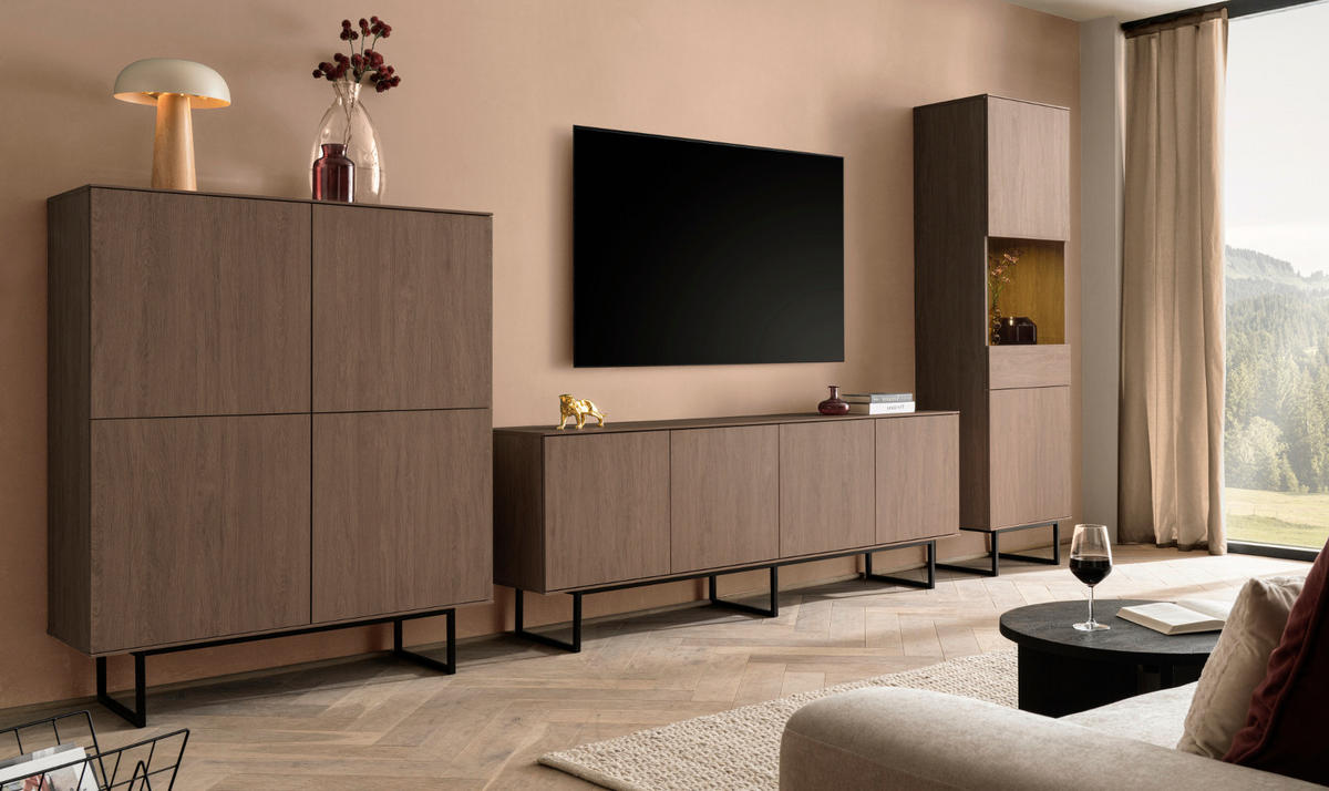 WOHNWAND in Nussbaum 3-teilig 400 cm, Wohnkombination mit Push-to-Open - Nussbaumfarben/Schwarz, Glas/Holzwerkstoff (400/200/40cm) - Furn.Design