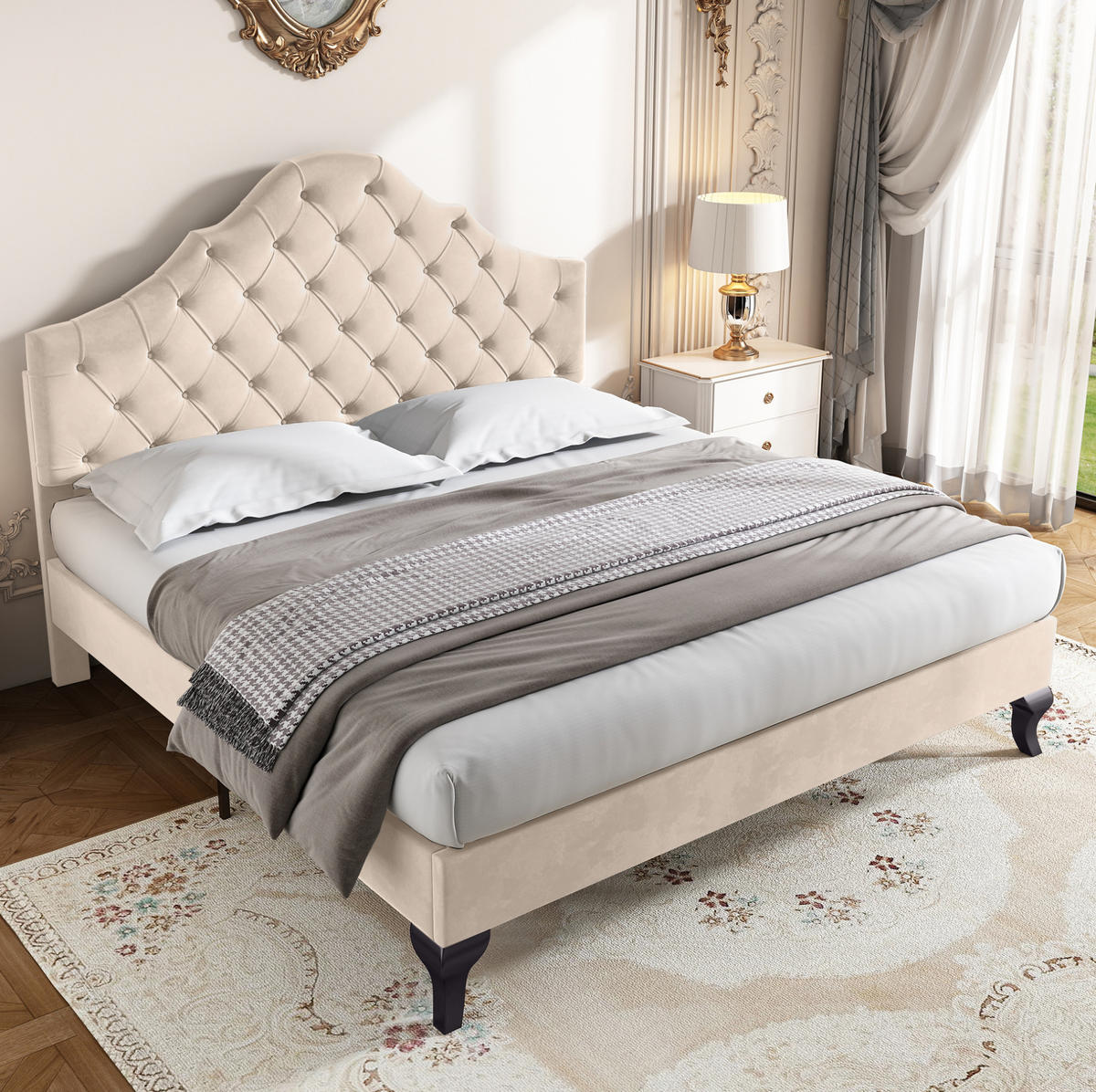 POLSTERBETT mit verstellbarem Kopfteil 140x190 cm Samt Off-White - Beige, Holzwerkstoff (140/190cm) - Beauniv