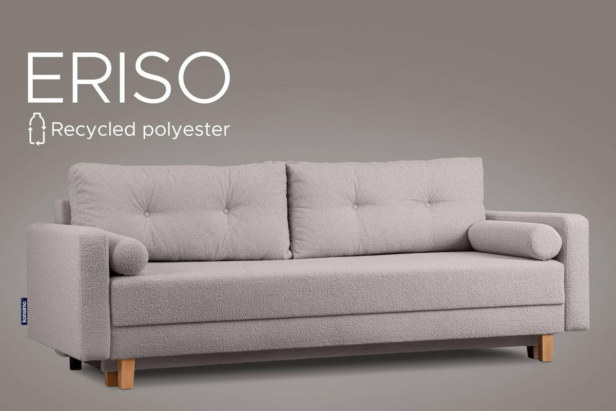 3-SITZER-SCHLAFSOFA ERISO mit weiche Sitzfläche und hohe Rückenlehne, Bouclé-Stoff, aschfahl - Hellgrau/Braun, Textil (220/80/100cm) - KONSIMO®