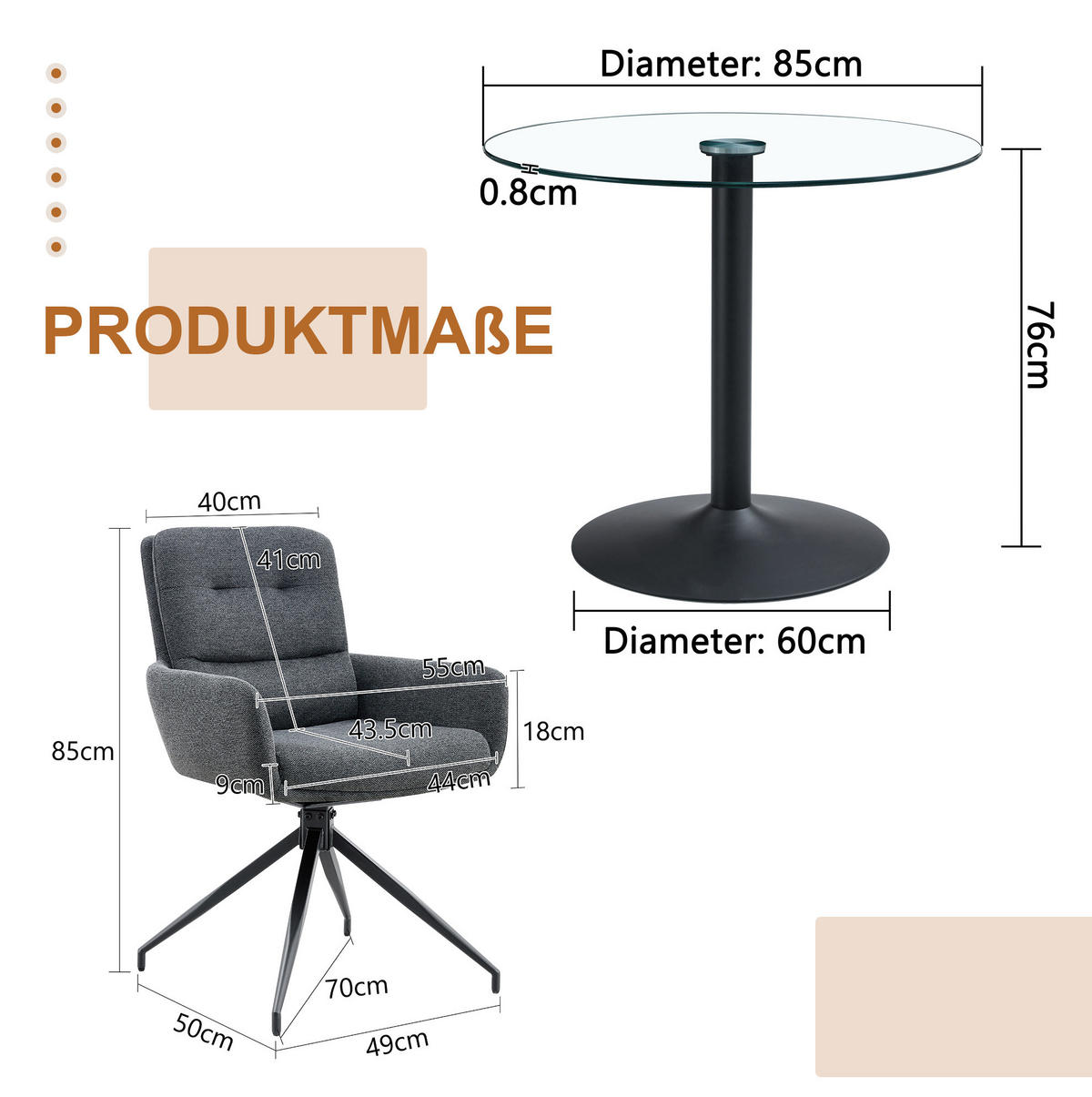 ESSZIMMER-SET 3-tlg. mit Glastisch 85 cm Schwarz/Dunkelgrau - Schwarz, Metall (85/76/85cm) - Meubliv