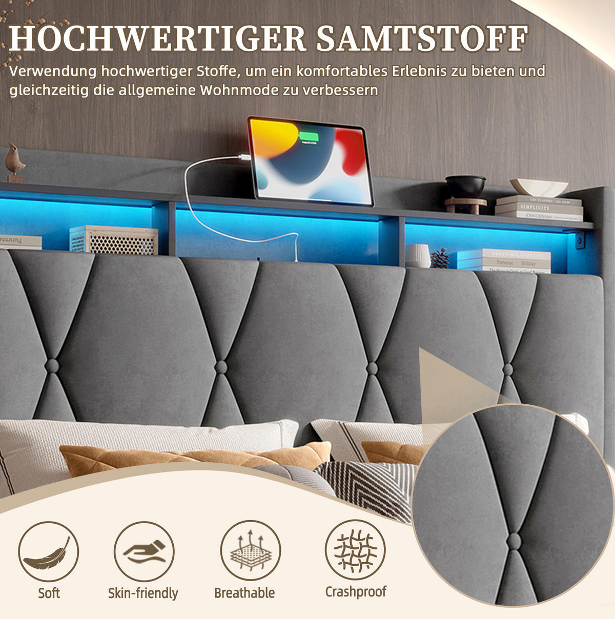 POLSTERBETT mit Stauraum, LED und USB 140x200 cm Samt Dunkelgrau - Dunkelgrau, Metall (140/200cm) - Meubliv