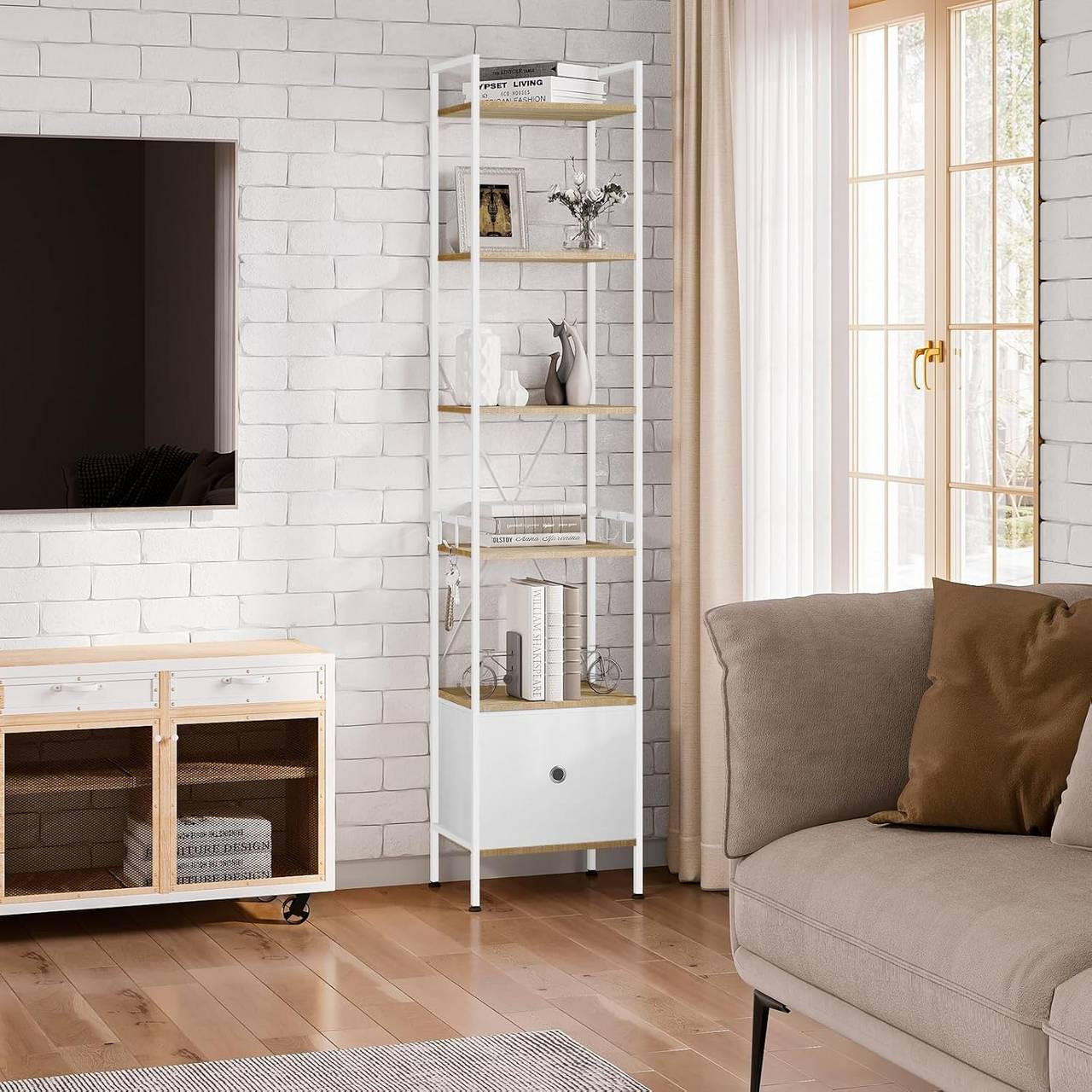 REGAL mit 5 Ablagen, 1 Schubladen, Helle Eiche+Weiß - Eichefarben/Weiß, Holzwerkstoff/Textil (40/187/30cm) - Woltu