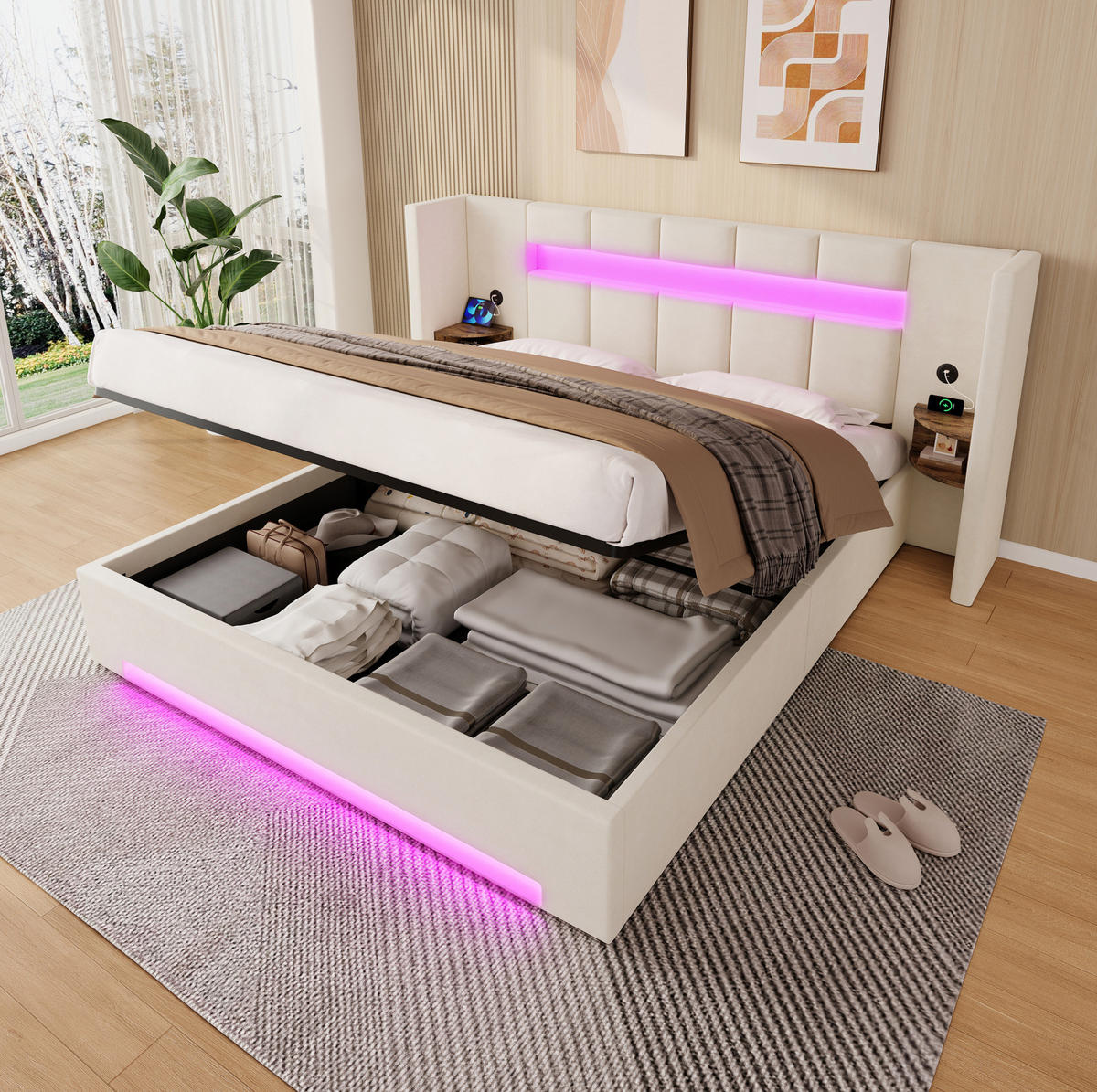 BETT mit Stauraum und USB 160x200 cm Samt Beige - Beige, Metall (160/200cm) - Meubliv