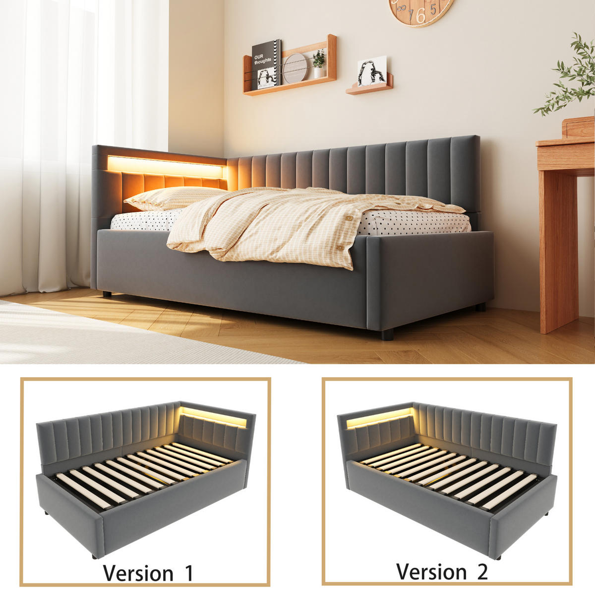 POLSTERBETT 90/200 cm grau aus Samtstoff mit LED und Stauraum - Grau, Textil (90/200cm) - OKWISH