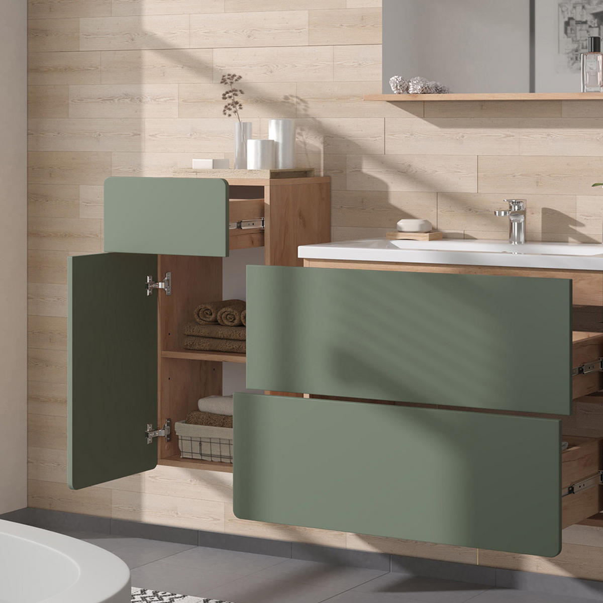 MIDISCHRANK Izan Goldkraft Eiche/Grün 36.6 x 76.6 cm mit Schublade und Tür - Honigeiche/Grün, Holzwerkstoff (36.6/76.6/32.8cm) - Vicco