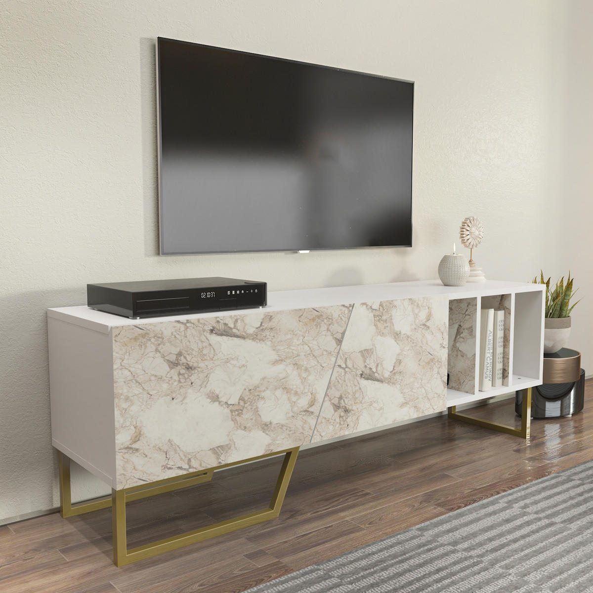 TV-ELEMENT Linossa Weiß Gold - Goldfarben/Weiß, Holzwerkstoff (150/50.5/35cm) - Decorotika