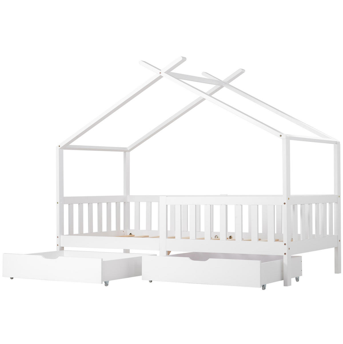 HAUSBETT 90/200 cm Weiß aus Massivholz mit 2 Schubladen und Sicherheitszaun - Weiß, Holz (90/200cm) - Flora Grace
