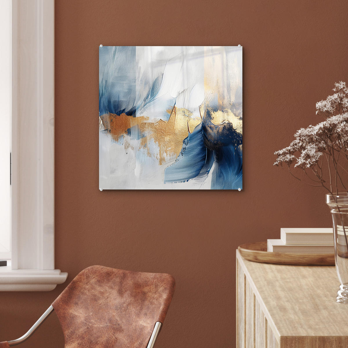 OBRAZ NA AKRYLOVOM SKLE Zlatá - modrá - akvarel - umenie - moderné 50x50 cm - svetlomodrá, sklo (50/50cm) - MuchoWow