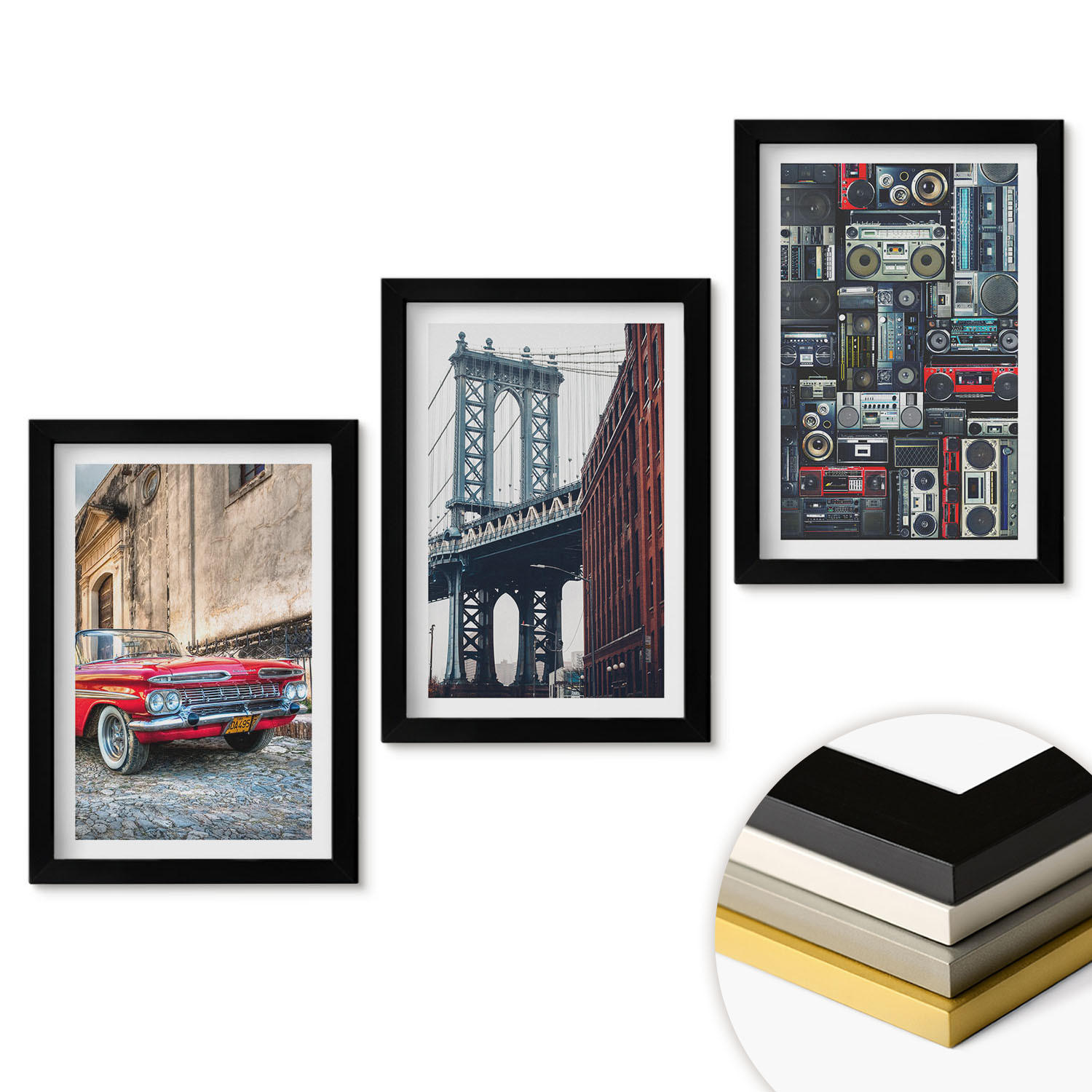 WANDBILDER 3er-Set - 20x30 cm Schwarzer Rahmen - Alte Autobrücke Brooklyn Retro-Audio - Schwarz, Kunststoff (20/30cm) - ArtPrintCave