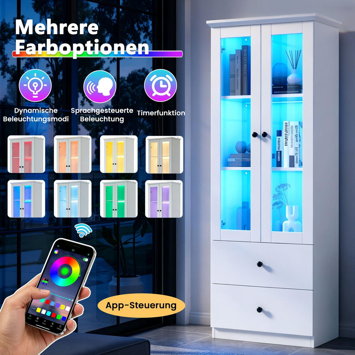 LED-VITRINE mit 2 Schubladen in weiß - Weiß, Holz (36/165/60cm) - KOMHTOM