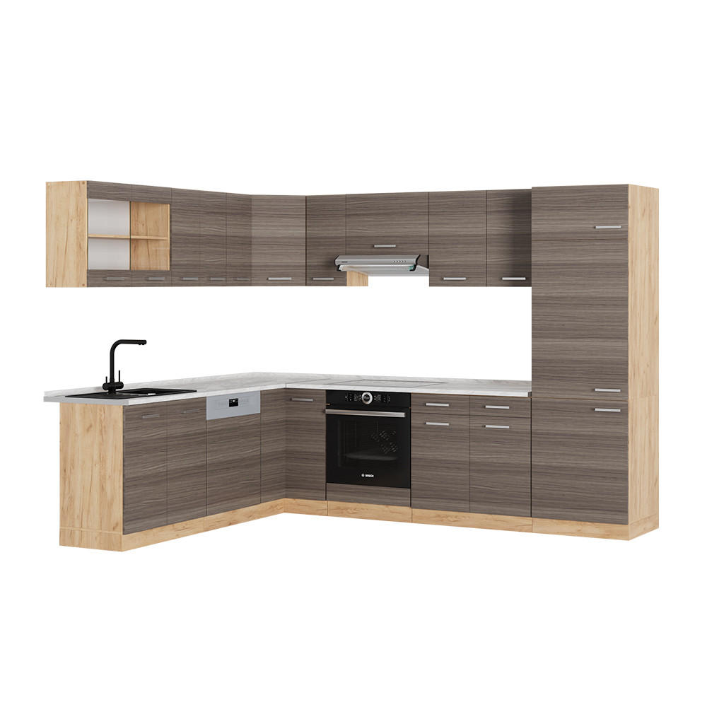 ROHOVÁ KUCHYŇ R-Line Ušlechtilý šedý/zlatý dub - šedá/medově dubová, kompozitní dřevo (287/81.6/60cm) - Vicco