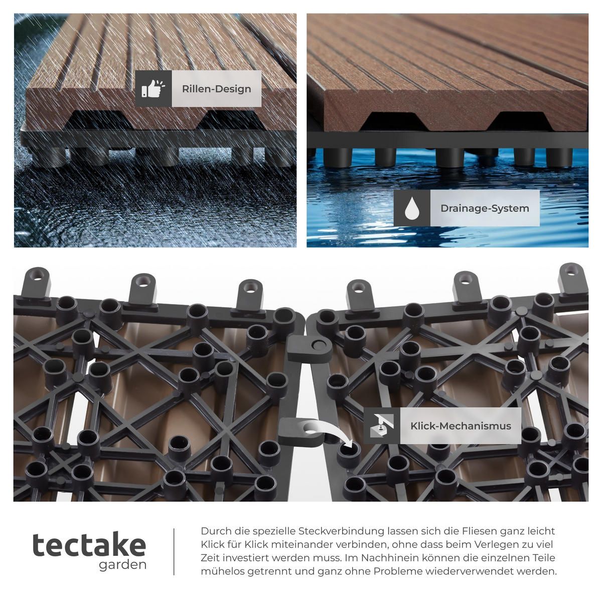TERRASSENFLIESEN Tegulas,31 x 31 x 2,2 cm,braun - Braun, Kunststoff (31/31/2.2cm) - tectake