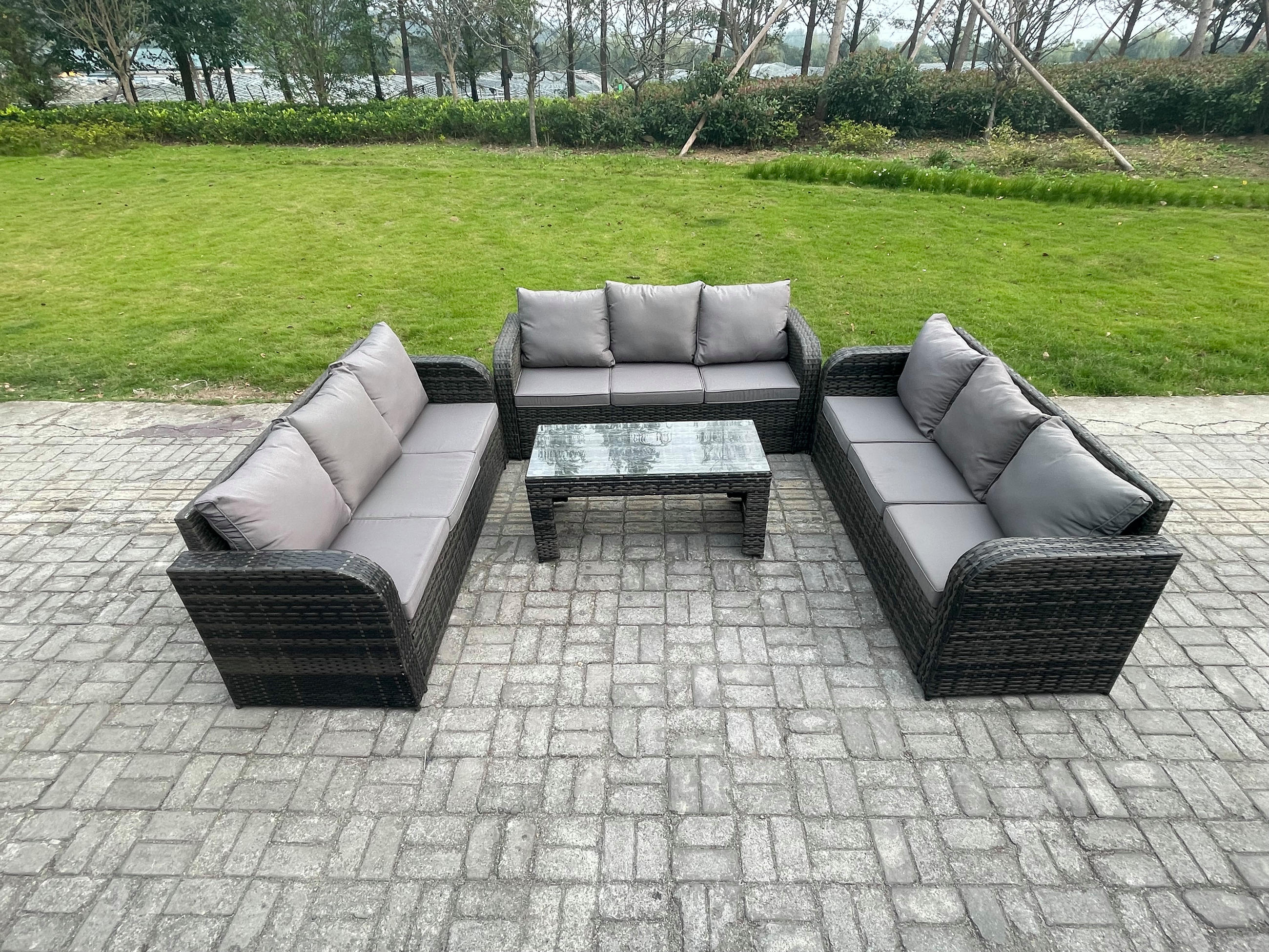 GARTENSOFA SET mit rechteckigem COUCHTISCH Polyrattan 9-Sitzer Dunkelgrau - Dunkelgrau/Grau, Glas/Kunststoff - Fimous