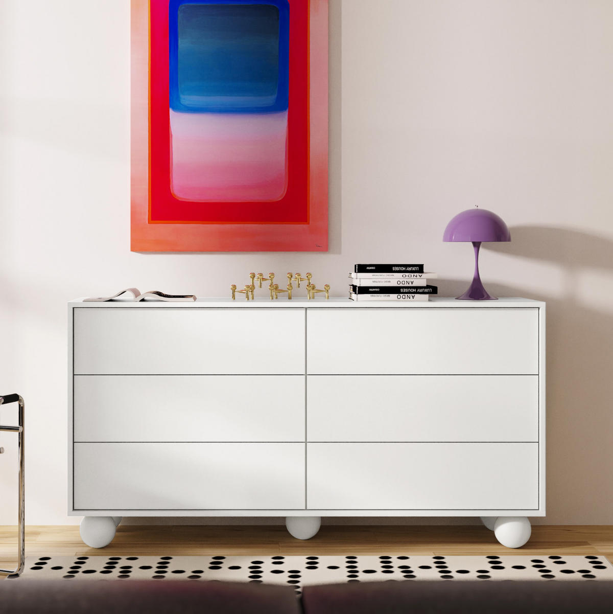KOMMODE Adel mit 6 Schubladen und runden Füßen, 154 cm, Griffloss, Weiß - Weiß, Holzwerkstoff (154/81/38cm) - Beautysofa