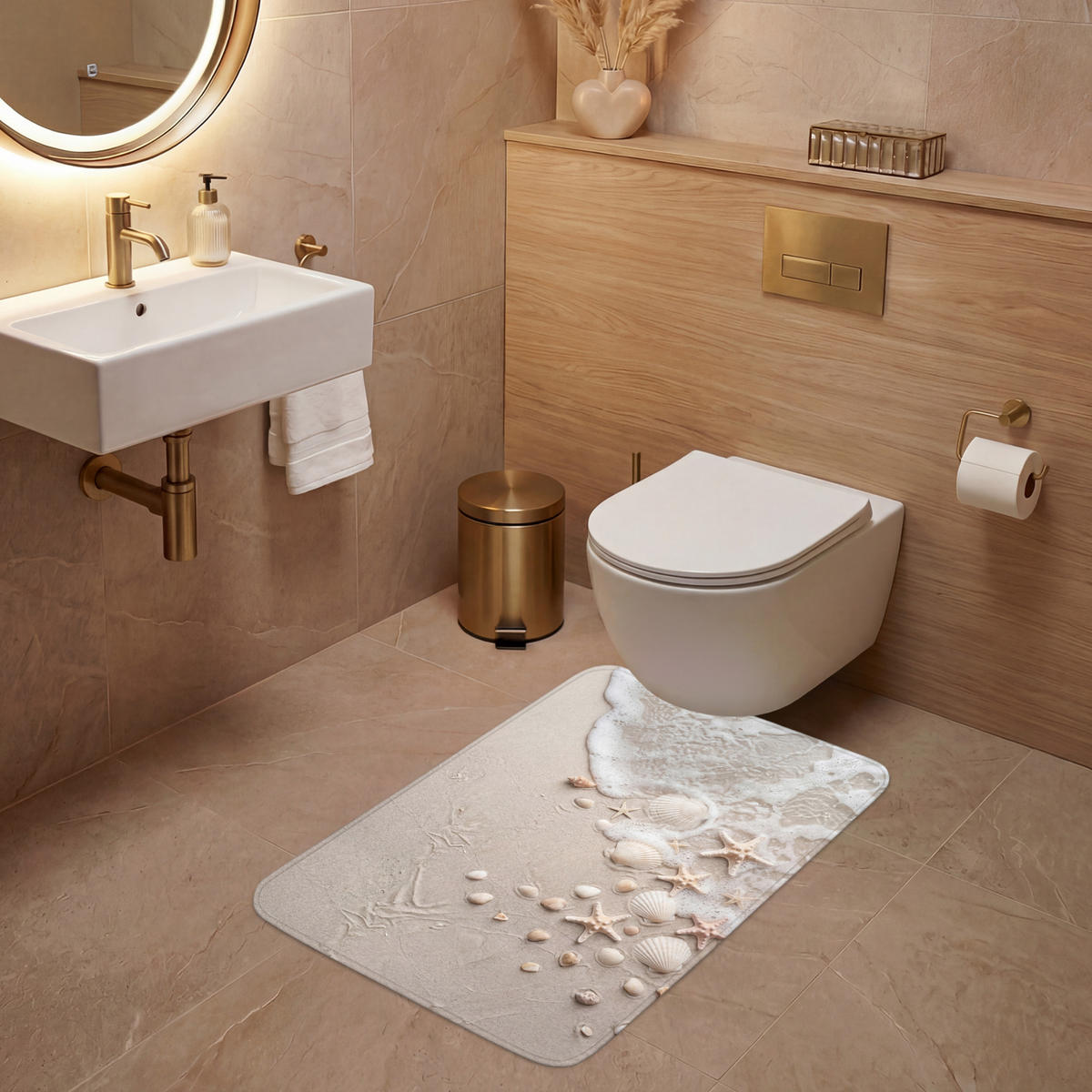 WC-VORLEGER Muscheln - Seesterne - Strand Toilettenvorleger 60x90 cm - Sandfarben, Kunststoff/Textil (60/1cm) - OnlyWow