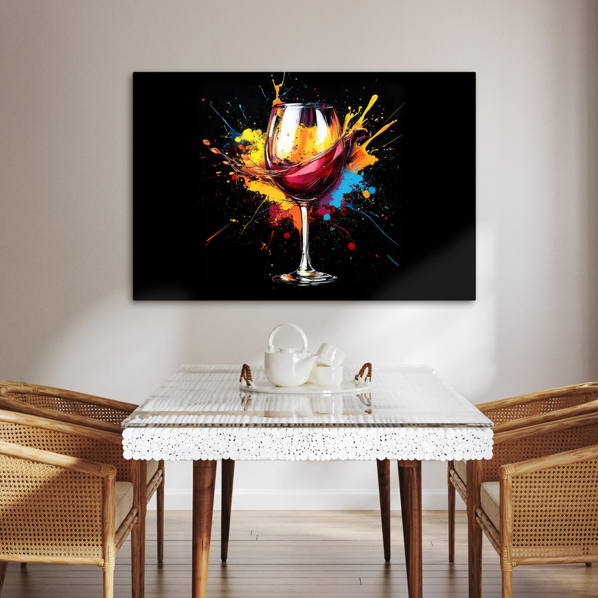 LEINWANDBILD Wein - Glas - Graffiti - Getränk - Rot - Farbe Wohnzimmer 120x80 cm - Weinrot, Textil (120/80cm) - MuchoWow