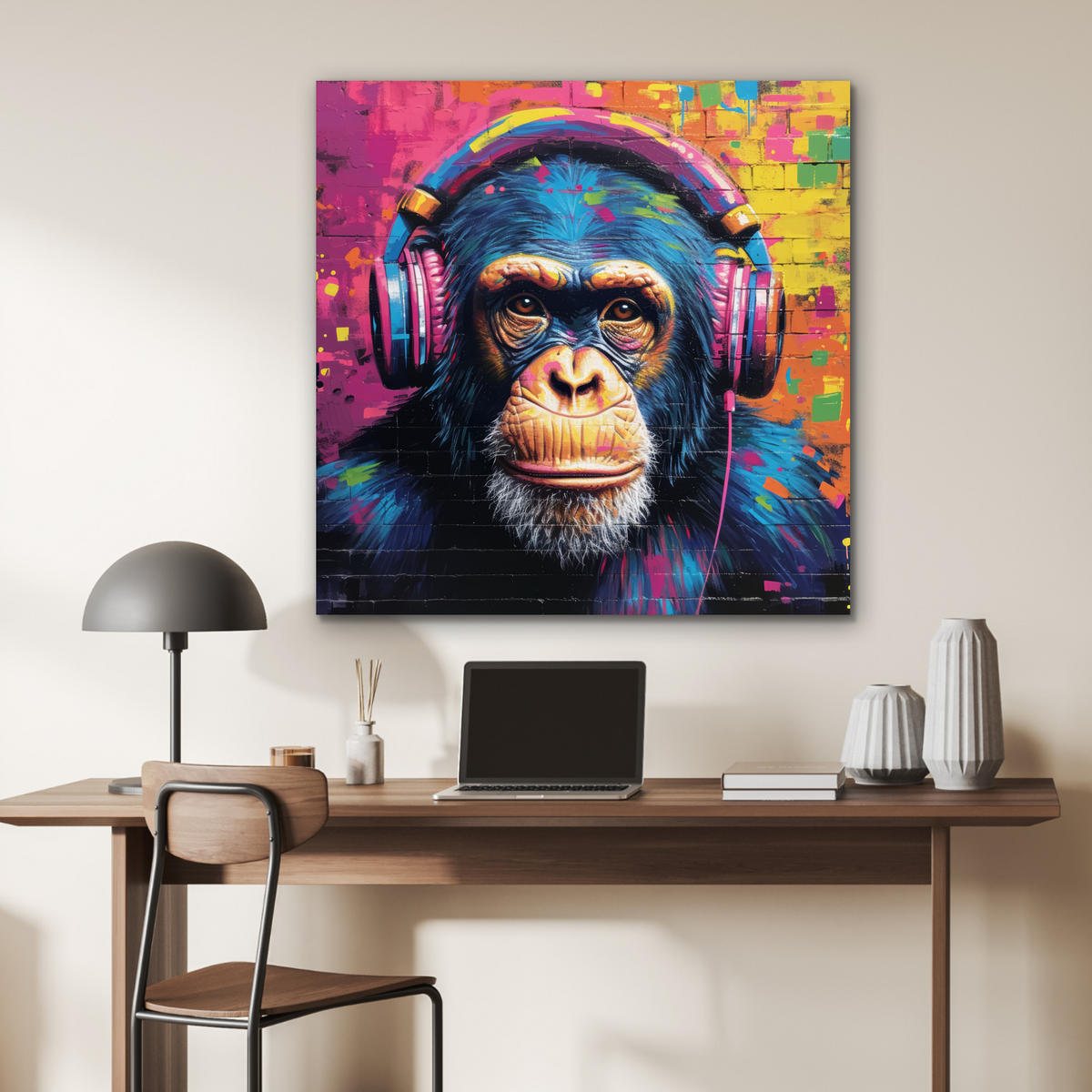 KOVOVÝ OBRAZ Graffiti - Šimpanz - Street art - Slúchadlá - Opica 90x90 cm - modrá, kov (90/90cm) - MuchoWow