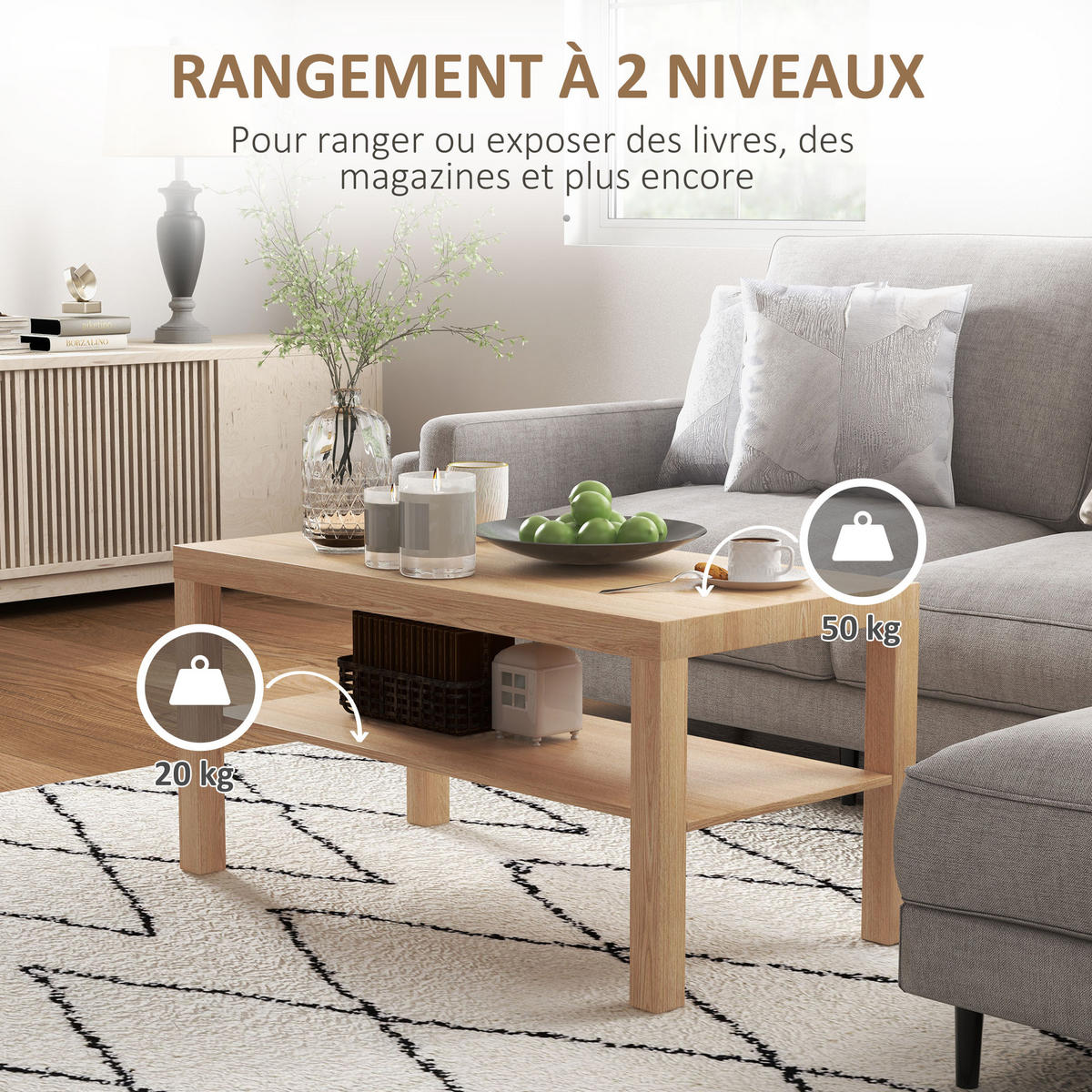 COUCHTISCH DE-15839 2 Ebenen Naturholz - Naturfarben, Holzwerkstoff (90/45/44.5cm) - ComfortXL