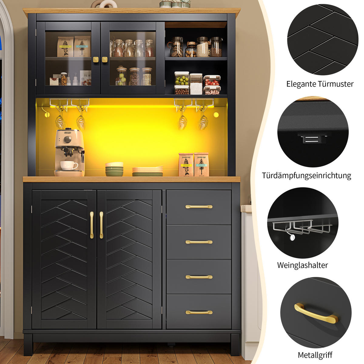 HIGHBOARD in Schwarz Küchenschrank mit LED-Beleuchtung und Schubladen für Küche und Wohnzimmer, B105.5/T40/H180 cm - Schwarz, Glas/Holzwerkstoff (105.5/180/40cm) - STILVORA