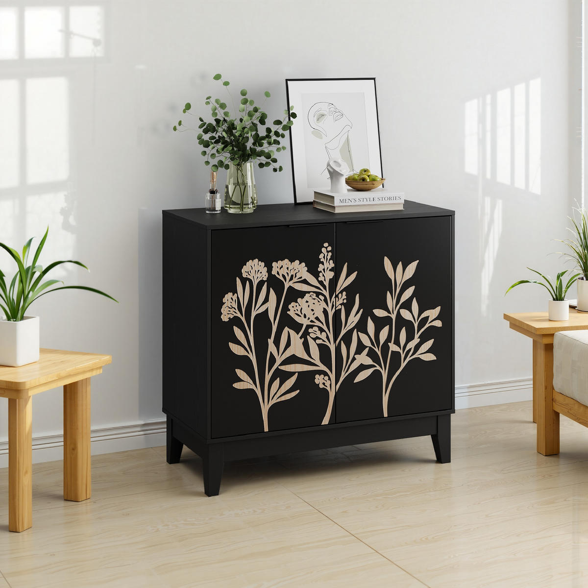 SIDEBOARD 80 cm in Schwarz mit 2 Türen & floralem Schnitzdekor - Schwarz, Holzwerkstoff (80/76/38cm) - BEAOK