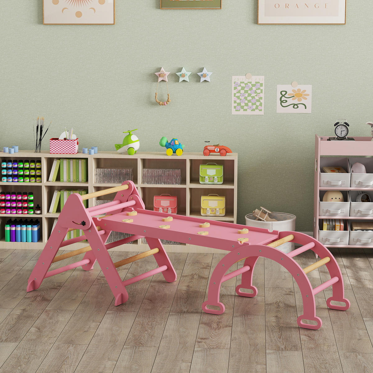 KLETTERGERÜST 7-in-1 DE-09885 Natur - Pink, Holz (70/59/188cm) - ComfortXL