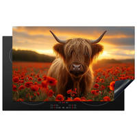 HERDABDECKPLATTE Schottische Highlander - Rosen - Blumenfeld - Sonnenuntergang Induktionsmatte 83x51 cm - Rotbraun, Kunststoff (83/51.5/0.2cm) - MuchoWow