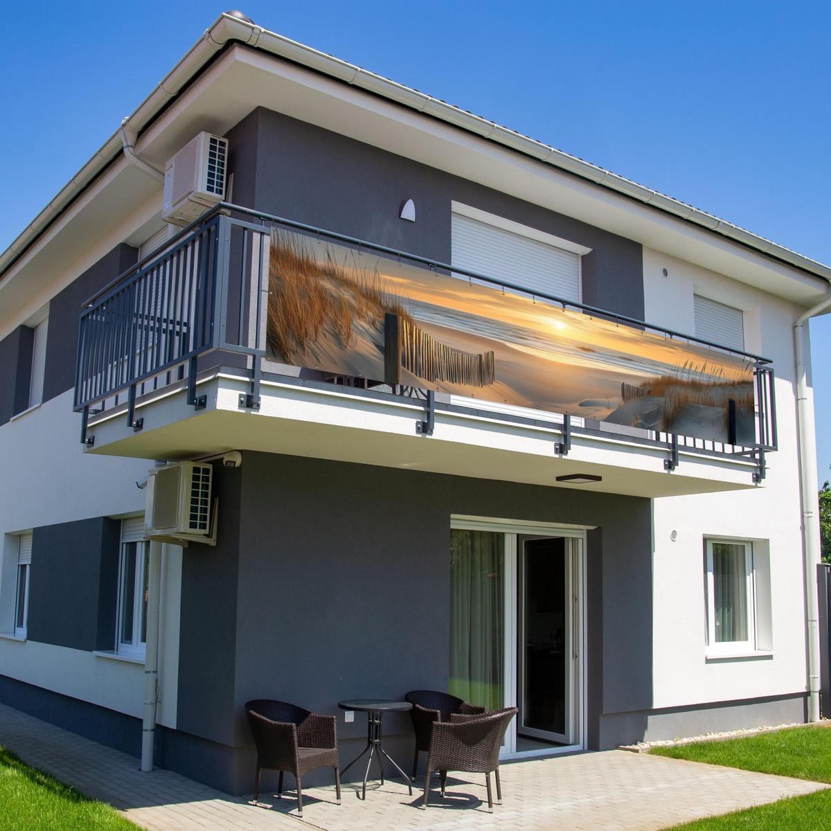 BALKON-SICHTSCHUTZ Strand - Dünen - Sonnenuntergang 500x110 cm - Sandfarben, Kunststoff (500/110cm) - MuchoWow